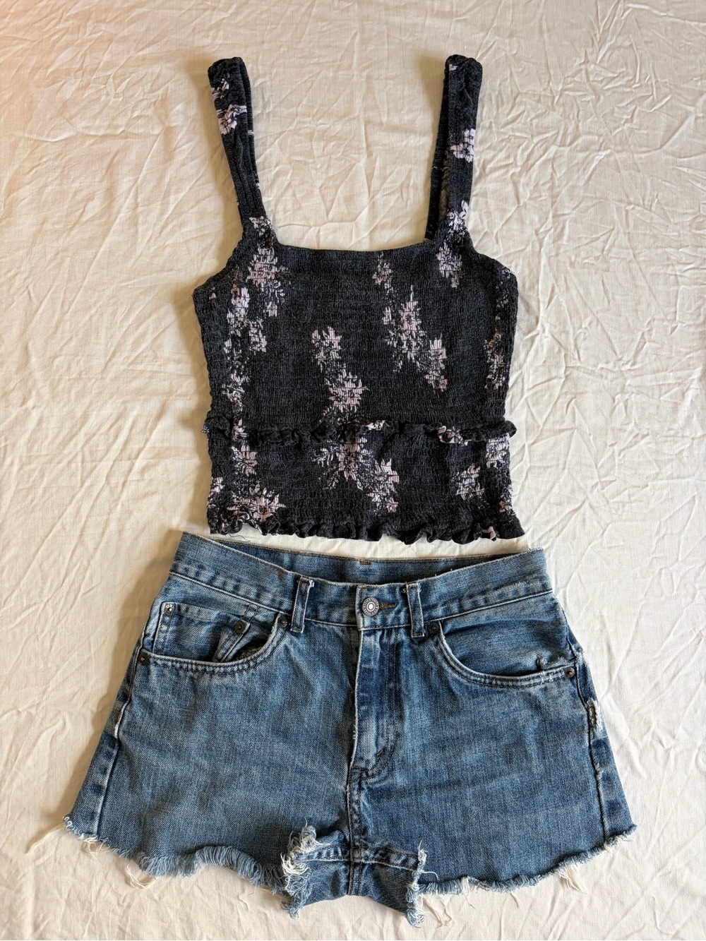Free People Black Floral Smocked Square-Neck Crop Tank